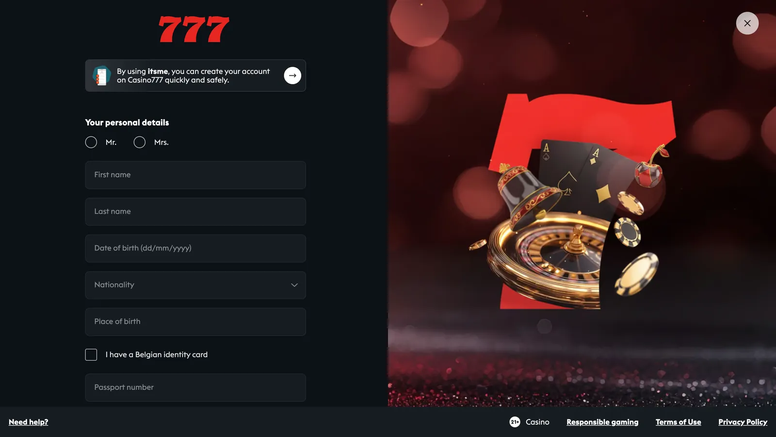 Okno rejestracji nowego konta użytkownika w internetowym serwisie 777 Casino