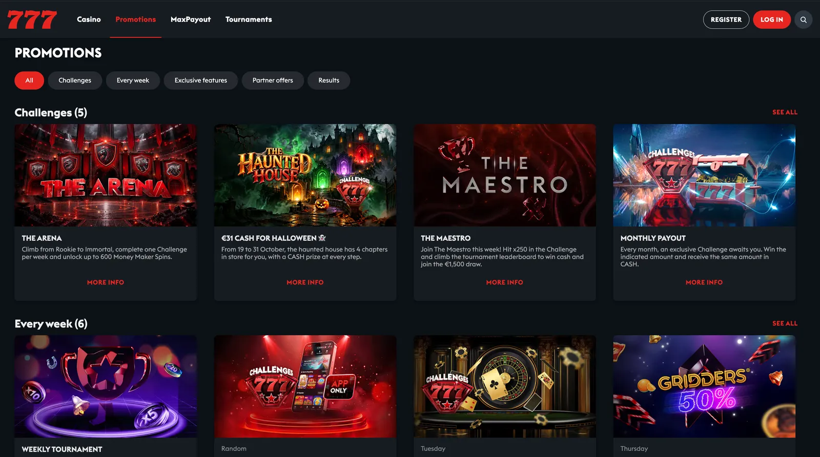 Zakładka promocji i ofert bonusowych dla graczy w serwisie 777 Casino