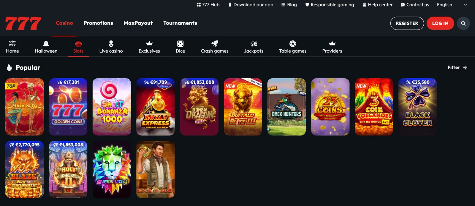 Widok katalogu popularnych automatów i gier kasynowych w lobby 777 Casino